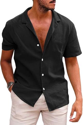Men's Casual Short Sleeve Shirts Linen Cotton Relaxed Fit Button Down Lightweight Breathable Summer Tops Vacation in Saudi Arabia