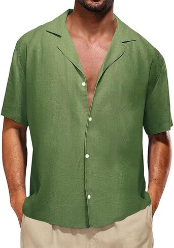 Men's Casual Short Sleeve Shirts Linen Cotton Relaxed Fit Button Down Lightweight Breathable Summer Tops Vacation in Saudi Arabia