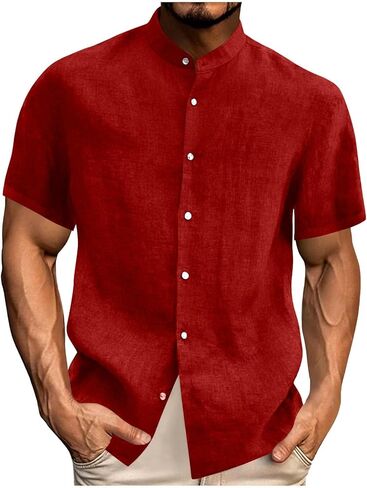 Men's Casual Short Sleeve Shirts Linen Cotton Relaxed Fit Button Down Lightweight Breathable Summer Tops Vacation in Saudi Arabia