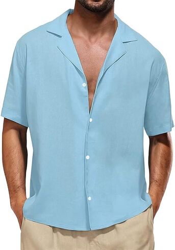Men's Casual Short Sleeve Shirts Linen Cotton Relaxed Fit Button Down Lightweight Breathable Summer Tops Vacation in Saudi Arabia