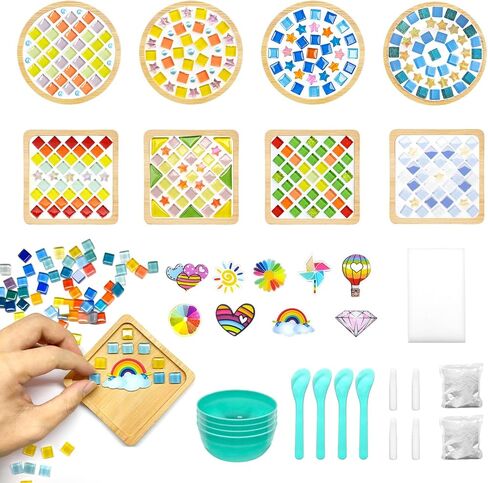 Wulqiiy 8 Sets DIY Mosaic Coaster Kit – Mixed Color Glass Mosaic Tiles for Crafts with Wooden Drink Coasters, Bamboo Handmade Tray Craft Set for Adults, Home Decoration & Gift in Saudi Arabia