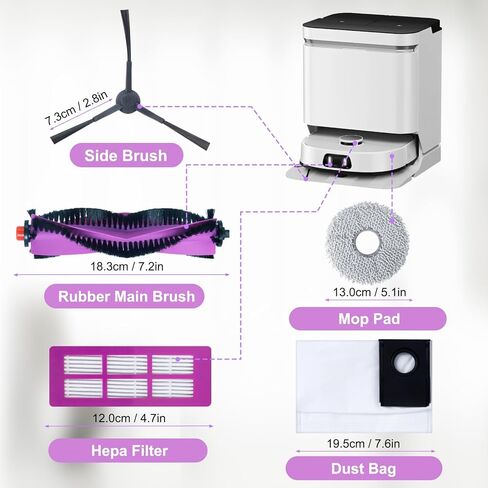 مجموعة الملحقات لقطع غيار المكنسة الكهربائية الروبوتية Eureka J15 Pro Ultra. 1 فرشاة دوارة رئيسية، 4 مرشحات هيبا، 4 وسادات ممسحة، 4 فرش جانبية، 4 أكياس غبار، 1 فرشاة in Kuwait