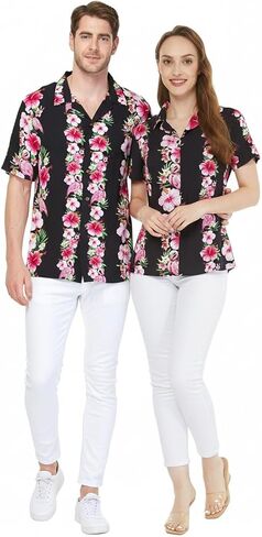 Couple Matching Hawaiian Luau Men and Women Shirts in Pink Hibiscus Vine Black in Saudi Arabia