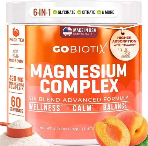 GoBiotix Magnesium Glycinate Powder – Cortisol Supplements for Women and Men – High Absorption Magnesium Complex Calm Supplement with Citrate, Malate – Sugar Free – 420 mg, 60 Servings - Peach Tea in Saudi Arabia