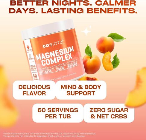 GoBiotix Magnesium Glycinate Powder – Cortisol Supplements for Women and Men – High Absorption Magnesium Complex Calm Supplement with Citrate, Malate – Sugar Free – 420 mg, 60 Servings - Peach Tea in Saudi Arabia