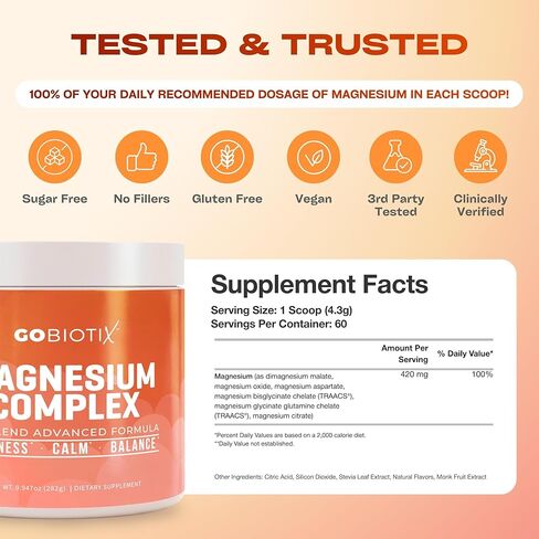 GoBiotix Magnesium Glycinate Powder – Cortisol Supplements for Women and Men – High Absorption Magnesium Complex Calm Supplement with Citrate, Malate – Sugar Free – 420 mg, 60 Servings - Peach Tea in Saudi Arabia