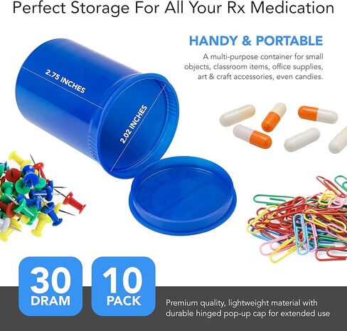 زجاجات حبوب الدواء الفارغة الكبيرة مع أغطية من توب كلاس فنتشرز - زجاجات محكمة الغلق سعة 30 درام - حاوية طبية - للأعشاب والحلوى والحرف اليدوية والمزيد - 10 عبوات شفافة متعددة الألوان in Kuwait