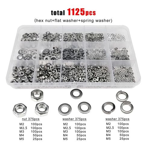 1 Box 1125pcs M2 M2.5 M3 M4 M5 304 A2-70 Stainless Steel Mix Hex Hexagon Nut Flat Washer Spring Lock Gasket Assortment Kit Set in Saudi Arabia
