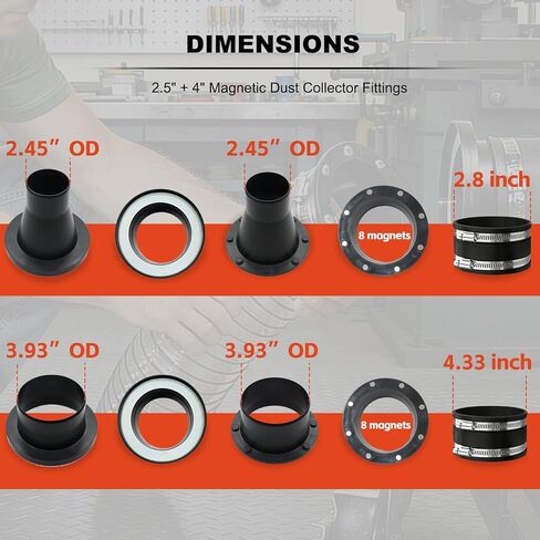 مجموعة أدوات تجميع الغبار المغناطيسي مقاس 4 بوصات و2-1/2 بوصة، تجهيزات توصيل سريعة شديدة التحمل مع 8 مغناطيسات عالية القوة وحبل أمان، تتضمن موصل خرطوم وجهاز استقبال فولاذي، للأعمال الخشبية in Kuwait