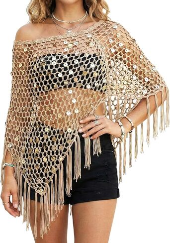 Women Sheer Poncho Top See Through Sequin Fishnet Shawl Knit Shrug Shawl for Beach Party Festival Outfits in Saudi Arabia