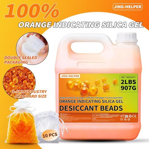 2LBS / 907G Orange Silica Desiccant Beads, JING-HELPER Orange Indicating Reusable Silica Gel Beads, 3-5mm Desiccant Dehumidifier for 3D Filament, Electronics, Camera, Jewelry (10 Organza Bags) in Kuwait