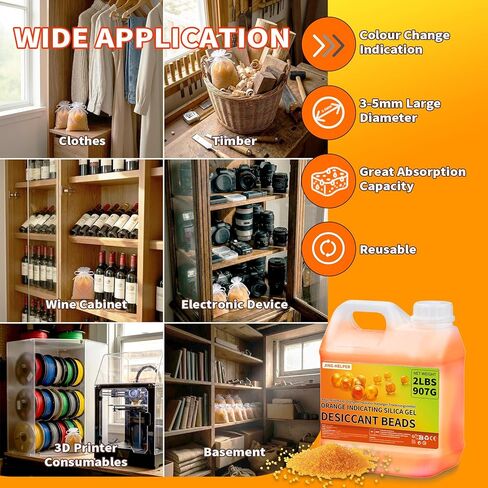2LBS / 907G Orange Silica Desiccant Beads, JING-HELPER Orange Indicating Reusable Silica Gel Beads, 3-5mm Desiccant Dehumidifier for 3D Filament, Electronics, Camera, Jewelry (10 Organza Bags) in Kuwait