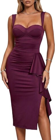 Women's Summer Bodycon Cocktail Vintage Formal Evening Midi Dress with Built-in Bra, Sleeveless, Ruffle Split Hem in Kuwait