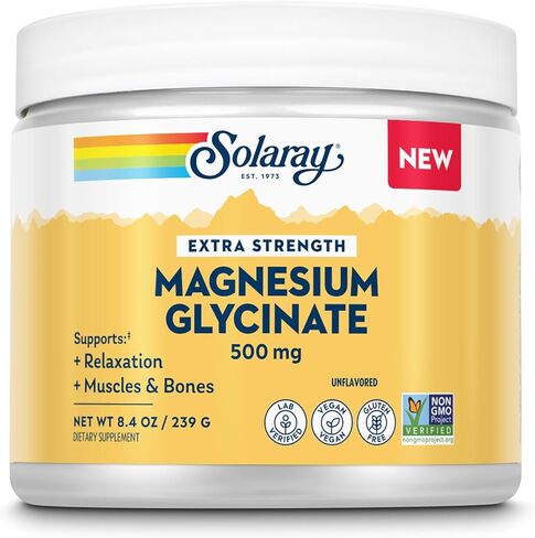 SOLARAY Magnesium Glycinate 500mg Powder - Extra Strength, Unflavored Magnesium Supplement for Bone, Muscle and Relaxation Support - Vegan, Gluten Free, Non-GMO, 60-Day Guarantee - 30 Servings, 8.4 OZ in Saudi Arabia