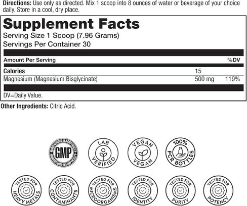SOLARAY Magnesium Glycinate 500mg Powder - Extra Strength, Unflavored Magnesium Supplement for Bone, Muscle and Relaxation Support - Vegan, Gluten Free, Non-GMO, 60-Day Guarantee - 30 Servings, 8.4 OZ in Saudi Arabia