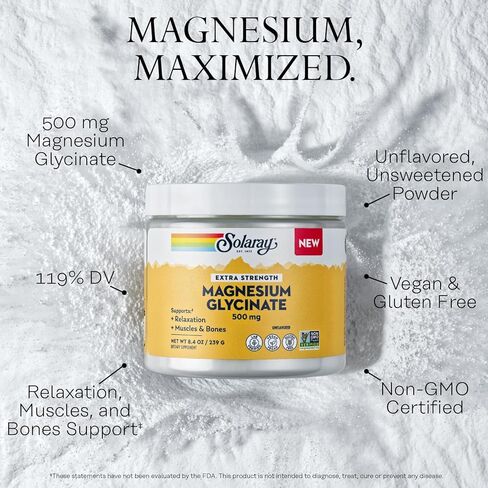 SOLARAY Magnesium Glycinate 500mg Powder - Extra Strength, Unflavored Magnesium Supplement for Bone, Muscle and Relaxation Support - Vegan, Gluten Free, Non-GMO, 60-Day Guarantee - 30 Servings, 8.4 OZ in Saudi Arabia