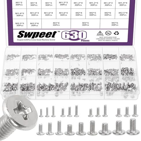 Swpeet 630 قطعة 21 مقاس M1 M1.2 M1.4 M1.6 M2 M2.5 M3 304 مجموعة متنوعة من مسامير الماكينة ذات الرأس المسطح من الفولاذ المقاوم للصدأ فيليبس، براغي صغيرة مستديرة الرأس مسطحة متقاطعة الرأس، برغي صغير لتوصيل الأثاث in Saudi Arabia