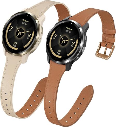 سوار جلدي نحيف 18 ملم متوافق مع Garmin Venu 3S/Venu 4 41 ملم/Venu 2S، 2 حزام جلدي رفيع رفيع لـ Vivoactive 4S/Vivomove 3S/Forerunner 255S/Forerunner 265S للنساء in Kuwait