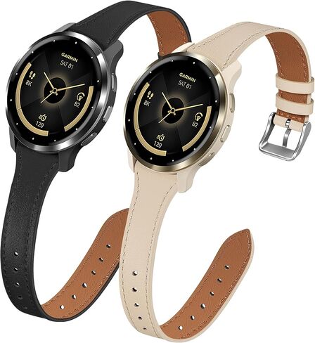 سوار جلدي نحيف 18 ملم متوافق مع Garmin Venu 3S/Venu 4 41 ملم/Venu 2S، 2 حزام جلدي رفيع رفيع لـ Vivoactive 4S/Vivomove 3S/Forerunner 255S/Forerunner 265S للنساء in Kuwait