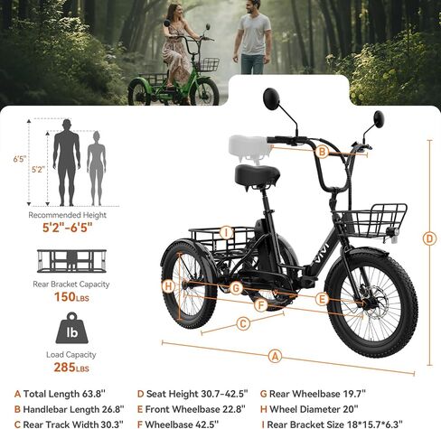 Vivi T01 20" x2.6 Fat Tire Electric Tricycle for Adults, 750W Peak 20'' Folding 3 Wheels Electric Bike, 95% Pre-Assembled, Speed Differential, 15.5MPH Eletric Trike with Bracket in Saudi Arabia