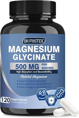 DRFOSTER Magnesium Glycinate 500mg with Zinc & Vitamin D3, High Absorption Chelated Magnesium Glycinate Supplements for Sleep, Muscle & Bone Support, Leg Cramps Comfort, Non-GMO - 120 Veggie Capsules in Kuwait