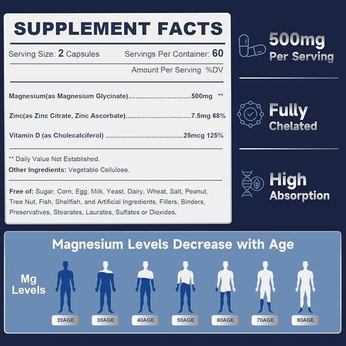 DRFOSTER Magnesium Glycinate 500mg with Zinc & Vitamin D3, High Absorption Chelated Magnesium Glycinate Supplements for Sleep, Muscle & Bone Support, Leg Cramps Comfort, Non-GMO - 120 Veggie Capsules in Kuwait