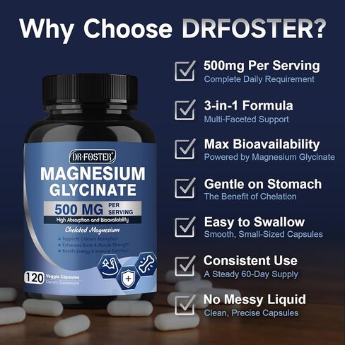 DRFOSTER Magnesium Glycinate 500mg with Zinc & Vitamin D3, High Absorption Chelated Magnesium Glycinate Supplements for Sleep, Muscle & Bone Support, Leg Cramps Comfort, Non-GMO - 120 Veggie Capsules in Kuwait