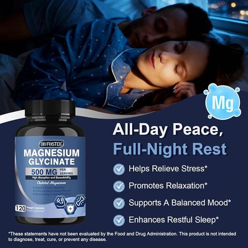 DRFOSTER Magnesium Glycinate 500mg with Zinc & Vitamin D3, High Absorption Chelated Magnesium Glycinate Supplements for Sleep, Muscle & Bone Support, Leg Cramps Comfort, Non-GMO - 120 Veggie Capsules in Kuwait