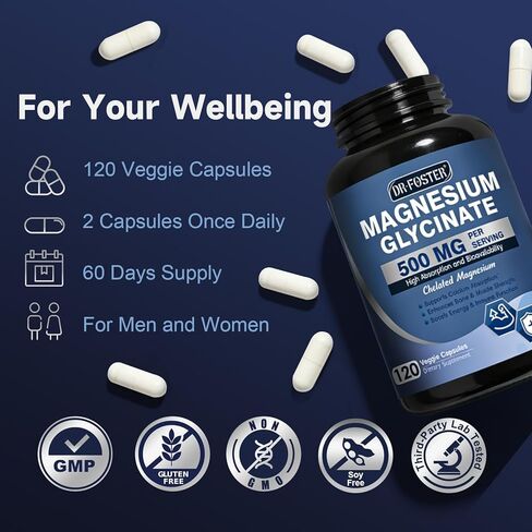 DRFOSTER Magnesium Glycinate 500mg with Zinc & Vitamin D3, High Absorption Chelated Magnesium Glycinate Supplements for Sleep, Muscle & Bone Support, Leg Cramps Comfort, Non-GMO - 120 Veggie Capsules in Kuwait