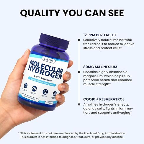 Hydrogen Water Tablets with Magnesium, 12 PPM Hydrogen Tablets for Drinking Water, H2 Molecular Tabs - Cellular Health Support, Mental Clarity, Rich in Antioxidants & Healthy Aging, 120 Servings in Saudi Arabia