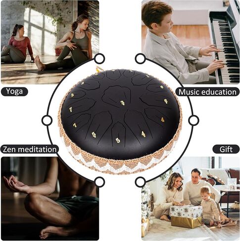 طبلة اللسان الفولاذية 15 نوتة مقاس 35.56 سم D-Major مع كتاب الموسيقى وحقيبة الحمل، أداة طبلة اللسان الاحترافية للتأمل، استوديوهات اليوغا (كحلي) in Kuwait