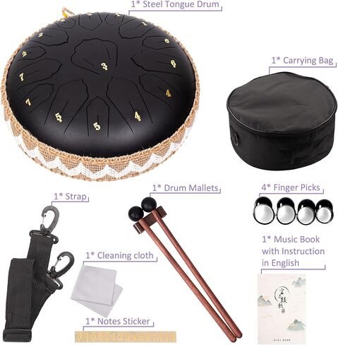 طبلة اللسان الفولاذية 15 نوتة مقاس 35.56 سم D-Major مع كتاب الموسيقى وحقيبة الحمل، أداة طبلة اللسان الاحترافية للتأمل، استوديوهات اليوغا (كحلي) in Kuwait