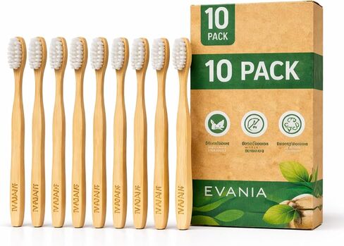فرش أسنان إيفانيا المصنوعة من الخيزران الخشبي النقي - 10 عبوات - شعيرات ناعمة خالية من مادة BPA، مقبض خشبي طبيعي، صديقة للبيئة، قابلة للتحلل، نباتية وغير سامة - عناية مستدامة بالفم للبالغين والأطفال in Kuwait