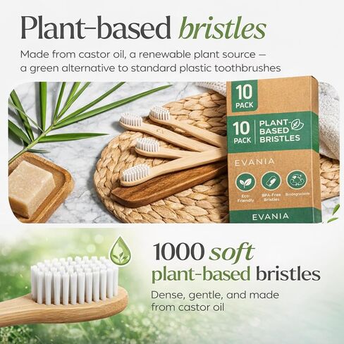 فرش أسنان إيفانيا المصنوعة من الخيزران الخشبي النقي - 10 عبوات - شعيرات ناعمة خالية من مادة BPA، مقبض خشبي طبيعي، صديقة للبيئة، قابلة للتحلل، نباتية وغير سامة - عناية مستدامة بالفم للبالغين والأطفال in Kuwait