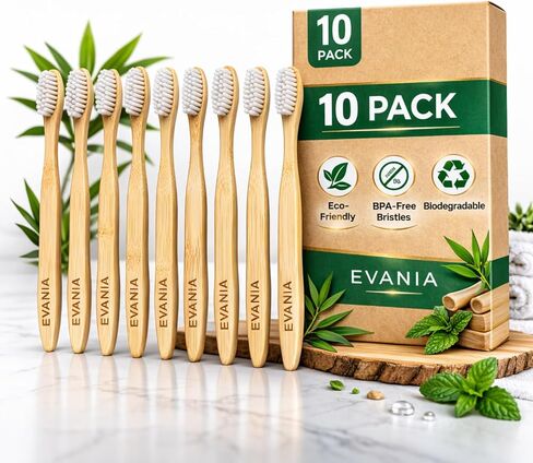 فرش أسنان إيفانيا المصنوعة من الخيزران الخشبي النقي - 10 عبوات - شعيرات ناعمة خالية من مادة BPA، مقبض خشبي طبيعي، صديقة للبيئة، قابلة للتحلل، نباتية وغير سامة - عناية مستدامة بالفم للبالغين والأطفال in Kuwait