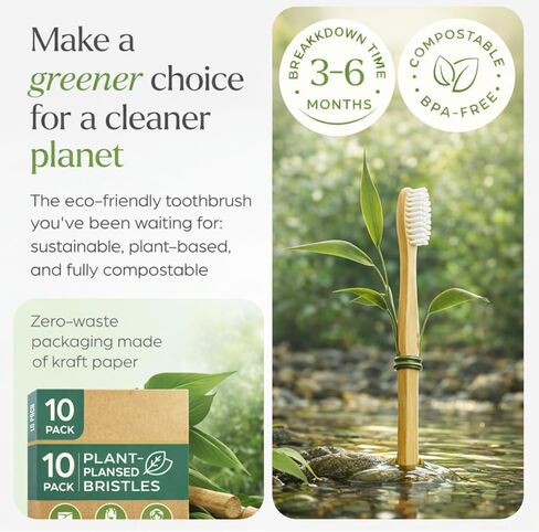 فرش أسنان إيفانيا المصنوعة من الخيزران الخشبي النقي - 10 عبوات - شعيرات ناعمة خالية من مادة BPA، مقبض خشبي طبيعي، صديقة للبيئة، قابلة للتحلل، نباتية وغير سامة - عناية مستدامة بالفم للبالغين والأطفال in Kuwait