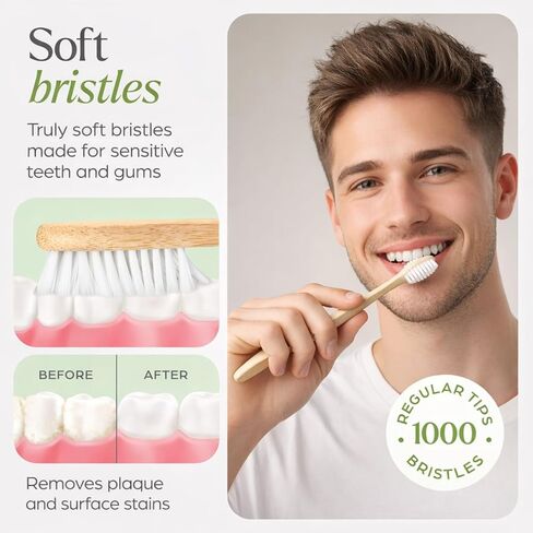 فرش أسنان إيفانيا المصنوعة من الخيزران الخشبي النقي - 10 عبوات - شعيرات ناعمة خالية من مادة BPA، مقبض خشبي طبيعي، صديقة للبيئة، قابلة للتحلل، نباتية وغير سامة - عناية مستدامة بالفم للبالغين والأطفال in Kuwait