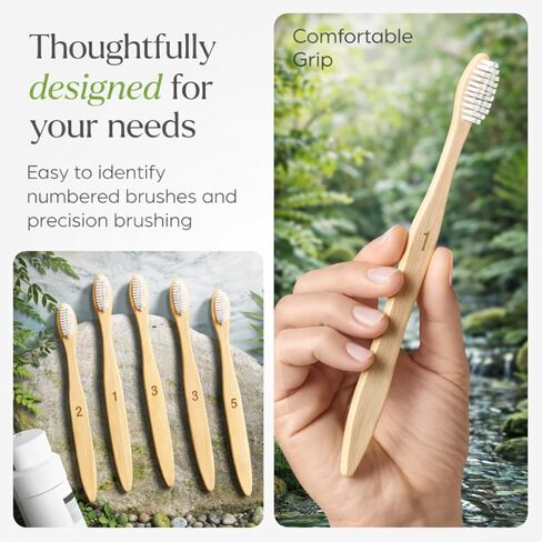 فرش أسنان إيفانيا المصنوعة من الخيزران الخشبي النقي - 10 عبوات - شعيرات ناعمة خالية من مادة BPA، مقبض خشبي طبيعي، صديقة للبيئة، قابلة للتحلل، نباتية وغير سامة - عناية مستدامة بالفم للبالغين والأطفال in Kuwait