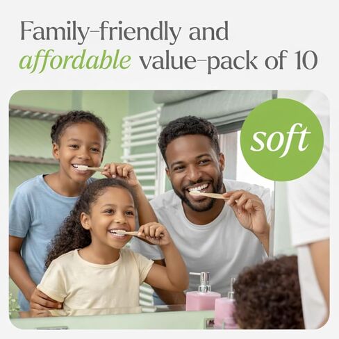 فرش أسنان إيفانيا المصنوعة من الخيزران الخشبي النقي - 10 عبوات - شعيرات ناعمة خالية من مادة BPA، مقبض خشبي طبيعي، صديقة للبيئة، قابلة للتحلل، نباتية وغير سامة - عناية مستدامة بالفم للبالغين والأطفال in Kuwait