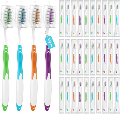 Frekare 30 Pack Bulk Toothbrushes with Covers, Individually Wrapped Tooth Brush Pack for Adults & Kids, Disposable Toothbrush Medium Soft for Travel, Donations, Hotels in Kuwait