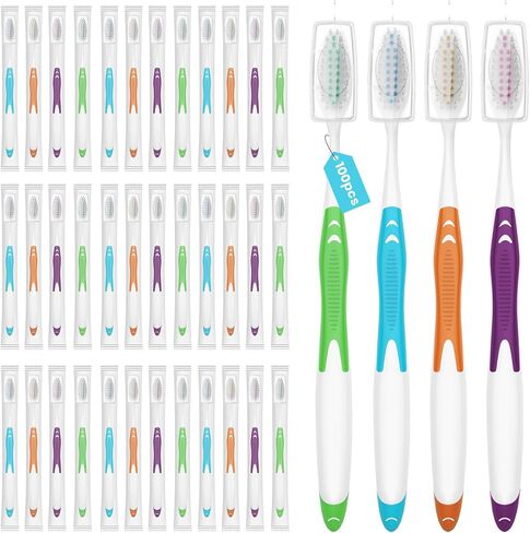Frekare 30 Pack Bulk Toothbrushes with Covers, Individually Wrapped Tooth Brush Pack for Adults & Kids, Disposable Toothbrush Medium Soft for Travel, Donations, Hotels in Kuwait