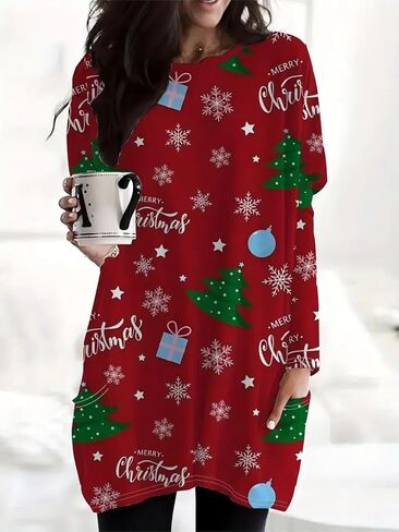 Women's Christmas Long Sleeve Crew Neck Dress with Pockets Party Night Holiday Dresses 2025 in Saudi Arabia