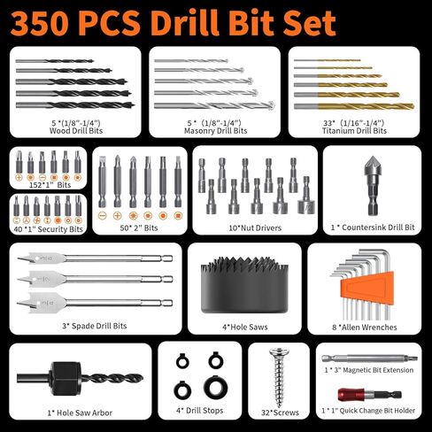 مجموعة لقم مثقاب مكونة من 350 قطعة لإصلاح المنزل وتجميع الأثاث، مجموعة لقم مفك الصدمات مع لقم أمان ومآخذ ومفاتيح سداسية ومناشير ثقب - ENERTWIST in Kuwait