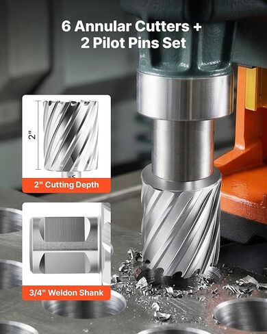 مجموعة القطع الحلقية VEVOR، 8 قطع Weldon Shank Mag Drill Bit Kit، عمق القطع 2 بوصة، قطر القطع 7/8 بوصة إلى 2 بوصة، HSS، 6 لقم ثقب مع 2 دبابيس طيار، علبة بلاستيكية، للمثاقب المغناطيسية، الفولاذ، الألومنيوم in Saudi Arabia