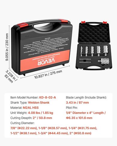 مجموعة القطع الحلقية VEVOR، 8 قطع Weldon Shank Mag Drill Bit Kit، عمق القطع 2 بوصة، قطر القطع 7/8 بوصة إلى 2 بوصة، HSS، 6 لقم ثقب مع 2 دبابيس طيار، علبة بلاستيكية، للمثاقب المغناطيسية، الفولاذ، الألومنيوم in Saudi Arabia