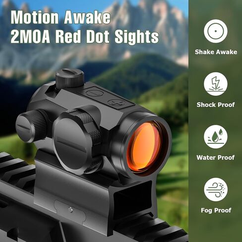 Motion Awake Red Dot Sight 1x20mm 2 MOA Red Dot Optics 10 مستويات سطوع بندقية نطاق شبكاني مع جهاز رفع الشاهد المشارك ومنخفض المظهر، يناسب حامل السكك الحديدية 20 مم، IPX7 مقاوم للماء، 1000 جرام مقاوم للصدمات in Kuwait