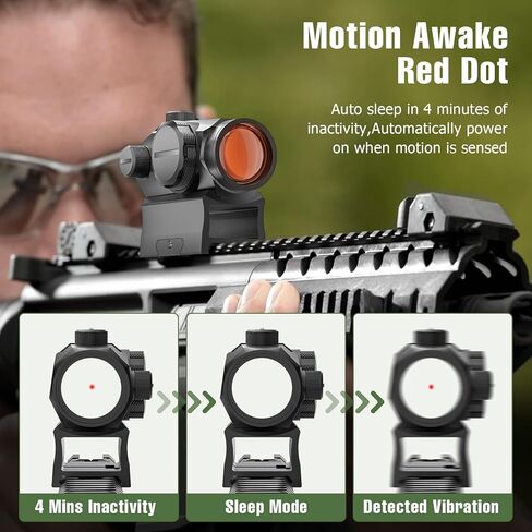Motion Awake Red Dot Sight 1x20mm 2 MOA Red Dot Optics 10 مستويات سطوع بندقية نطاق شبكاني مع جهاز رفع الشاهد المشارك ومنخفض المظهر، يناسب حامل السكك الحديدية 20 مم، IPX7 مقاوم للماء، 1000 جرام مقاوم للصدمات in Kuwait