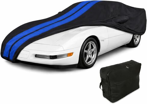 C7 Corvette Car Cover - Custom Fit Indoor/Outdoor UV & Rain Protection - Ultraguard Plus 300 Denier High End Fit for 2014-2019 Stingray, Z51, Z06, Grand Sport Corvettes (Black with Blue Stripes) in Saudi Arabia