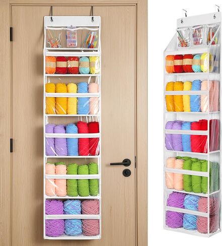 Yecaye 6 Tier Clear Door Hanging Yarn Storage Organizer, 5 Large Plastic Pockets and 3 Top Pockets Crochet Organizer, Over the Door Yarn Ball Storage for Knitting Needles and Crochet Hooks, Grey in Saudi Arabia