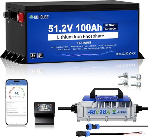 حافظة معدنية من DC HOUSE بقدرة 48 فولت 100 أمبير في الساعة، بطارية ليثيوم لعربة الجولف، بطارية 200 أمبير BMS Lifepo4 مع شاحن 48 فولت 18 أمبير، تطبيق بلوتوث للهاتف المحمول وشاشة LCD، تيار الذروة 700 أمبير in Kuwait